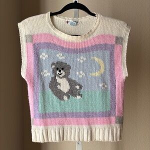 Vintage 80's Currants Sleeveless Pastel Bear Moon Knit Sweater